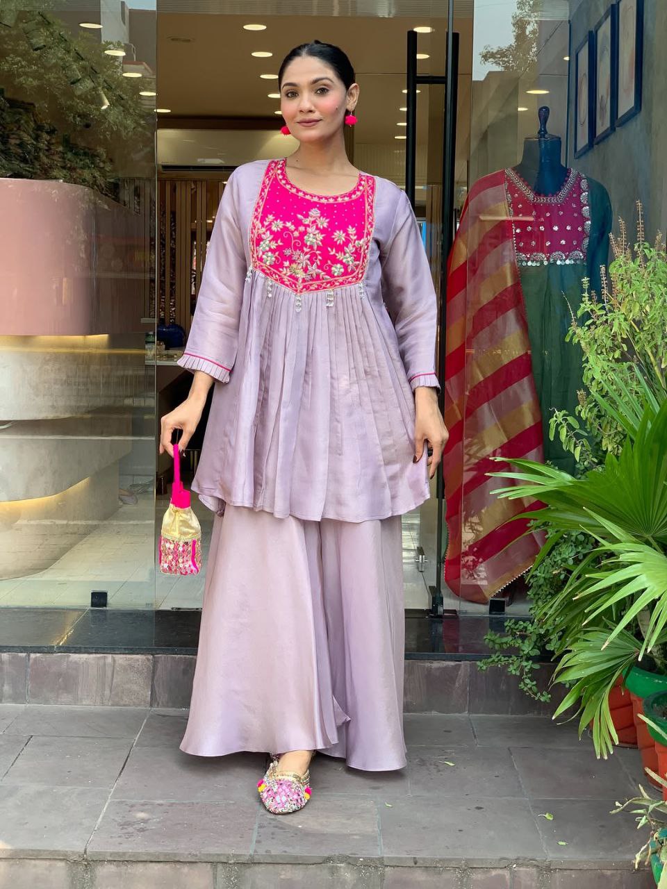 Women's Lavender Embroidered Peplum Kurta with Palazzo Set | Ethnic Party & Festive Wear