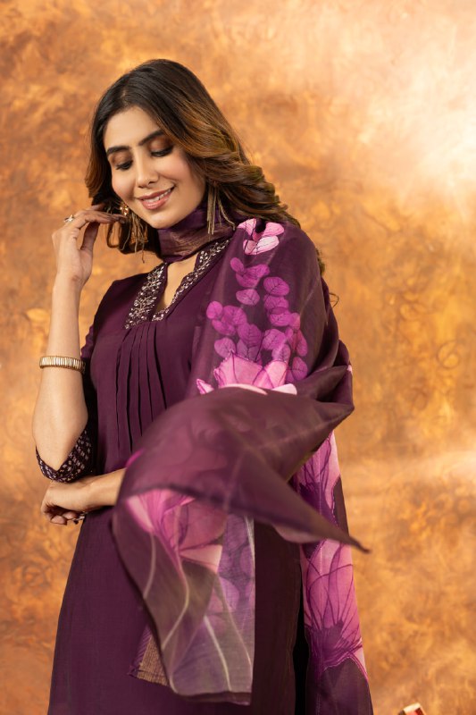 Women's Premium Cotton Embroidered Straight Kurta Pant & Floral Printed Organza Dupatta Set