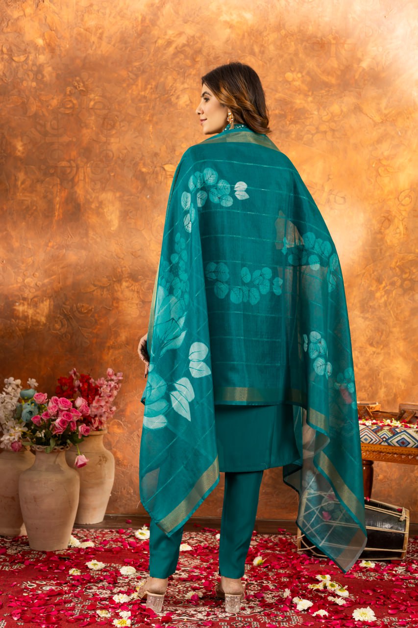 Women's Premium Cotton Embroidered Straight Kurta Pant & Floral Printed Organza Dupatta Set