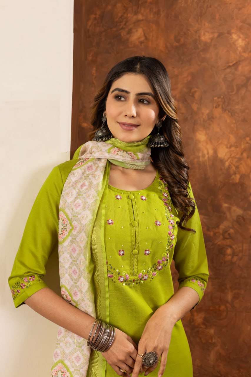 Elegant Off-White Embroidered Cotton Kurta Pant Set with Printed Dupatta for Women | Festive & Casual Ethnic Wear