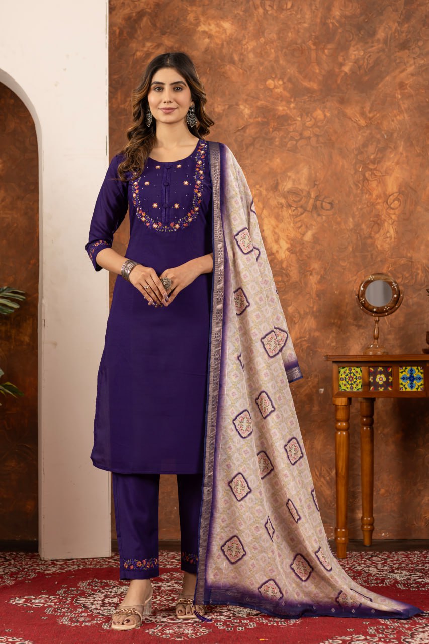 Elegant Off-White Embroidered Cotton Kurta Pant Set with Printed Dupatta for Women | Festive & Casual Ethnic Wear