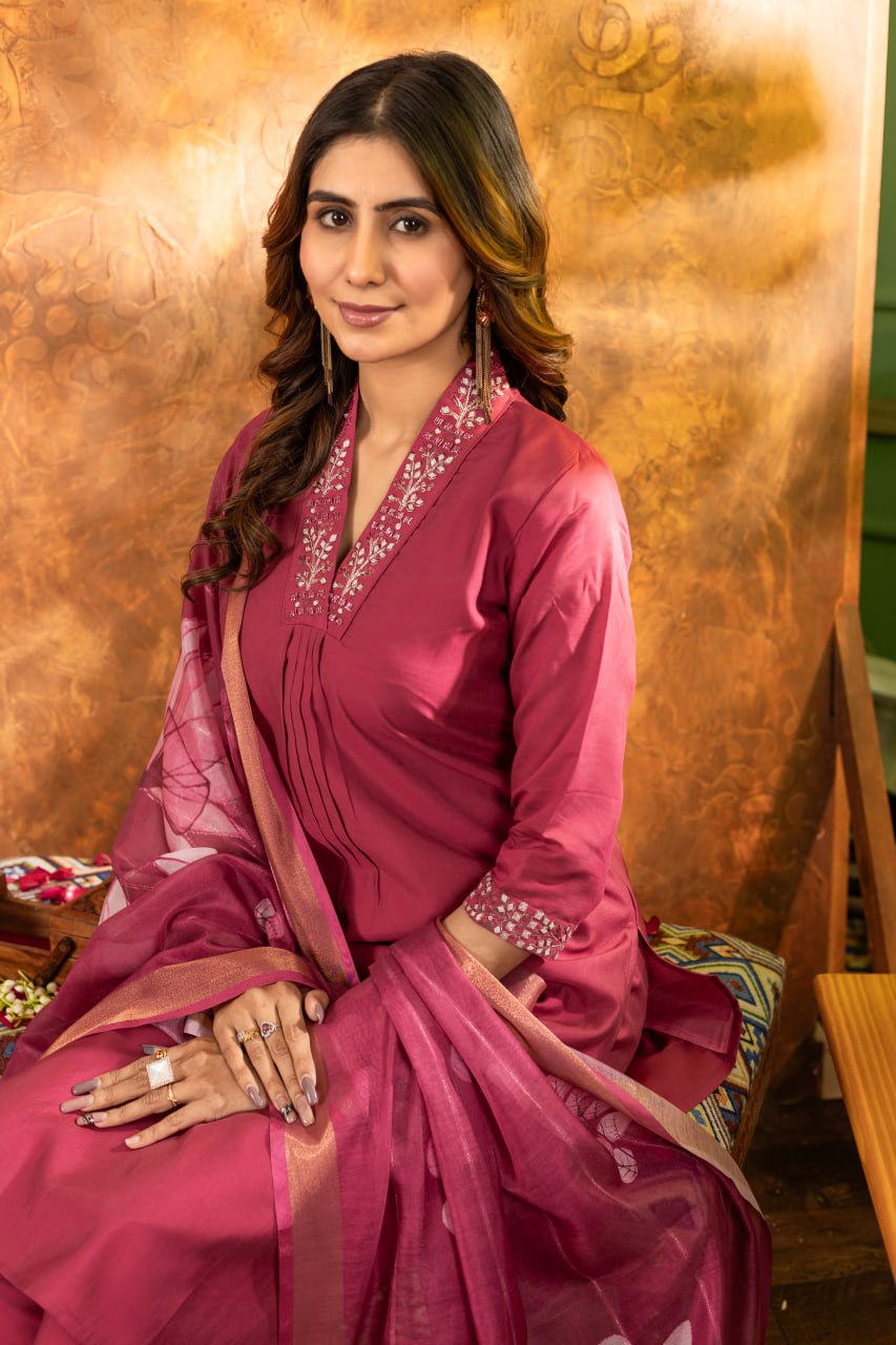 Women's Premium Cotton Embroidered Straight Kurta Pant & Floral Printed Organza Dupatta Set