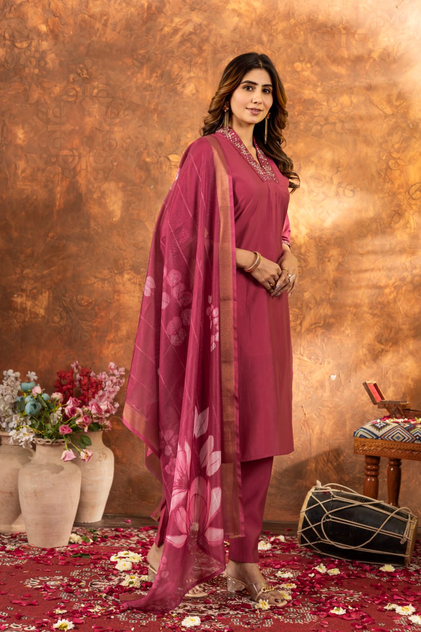 Women's Premium Cotton Embroidered Straight Kurta Pant & Floral Printed Organza Dupatta Set
