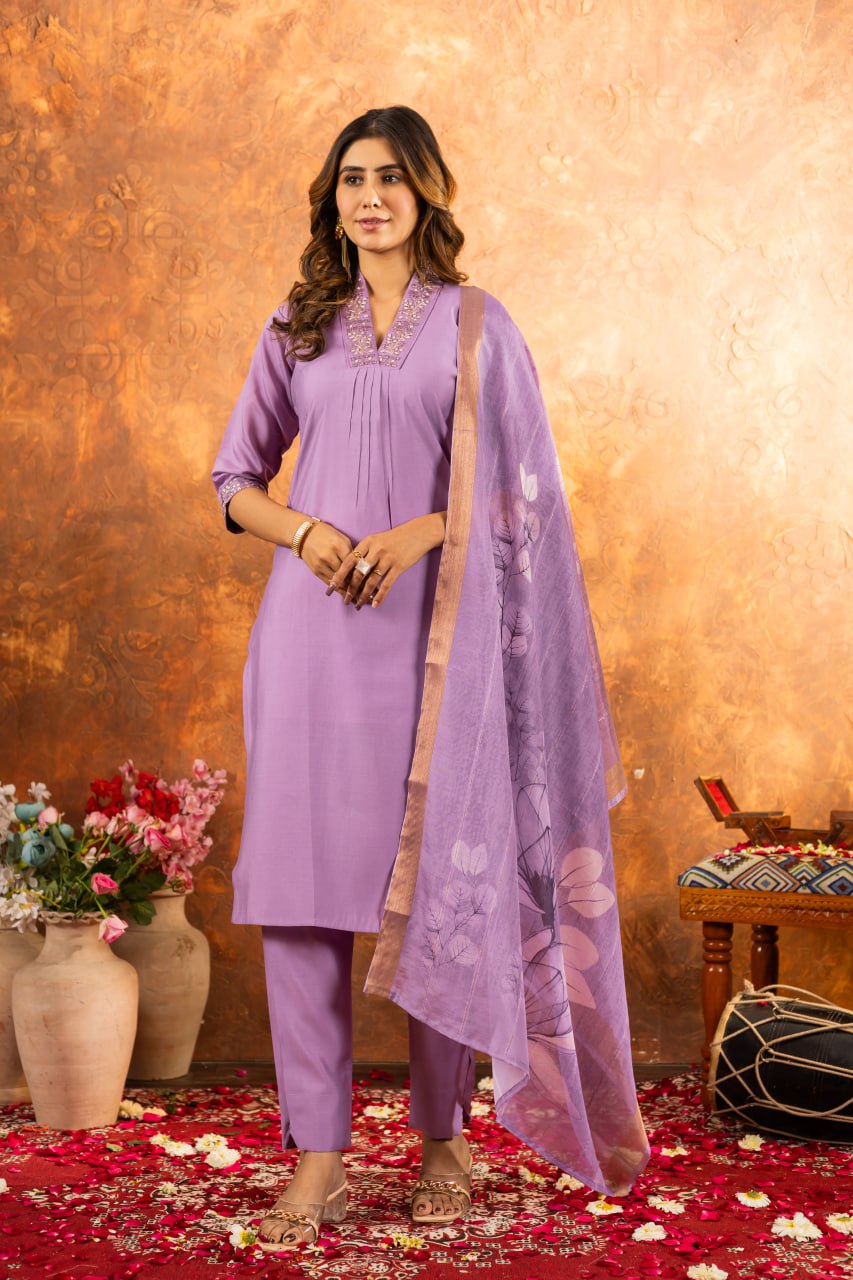 Women's Premium Cotton Embroidered Straight Kurta Pant & Floral Printed Organza Dupatta Set