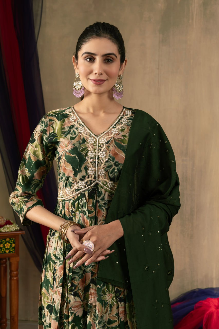 Elegant Teal Embroidered Straight Kurta with Printed Chiffon Dupatta for Women | Ethnic Salwar Suit Set