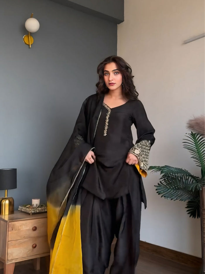 Black Embroidered Kurta Palazzo Dupatta Set | Designer 3 Piece Ethnic Suit