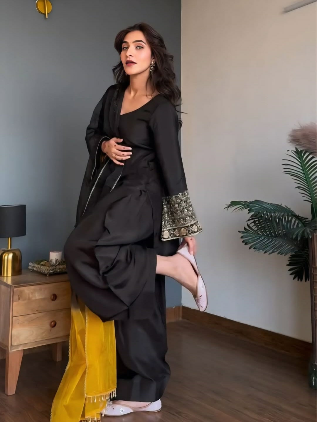 Black Embroidered Kurta Palazzo Dupatta Set | Designer 3 Piece Ethnic Suit