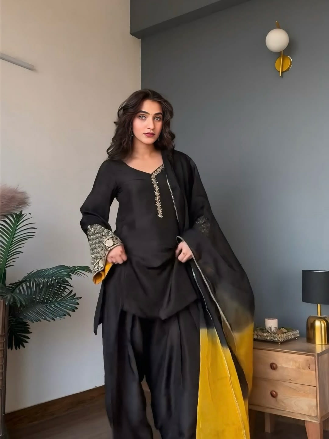 Black Embroidered Kurta Palazzo Dupatta Set | Designer 3 Piece Ethnic Suit