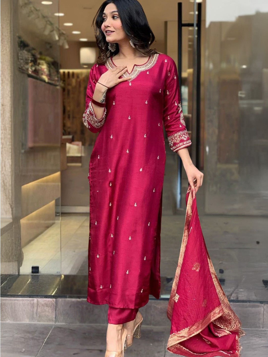 ILARAA Women's Embroidered PV Chanderi Roman Silk Kurta Pant Set with Jacquard Dupatta | Premium Ethnic Wear