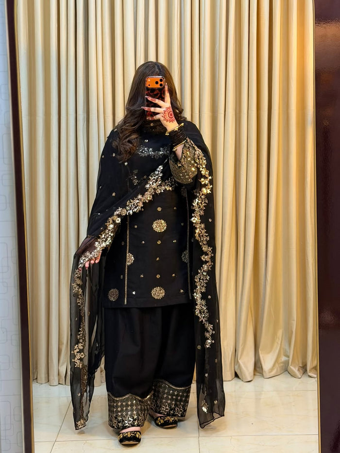 Designer Black Embroidered Pakistani Suit Set with Heavy Sequence Work & Dupatta