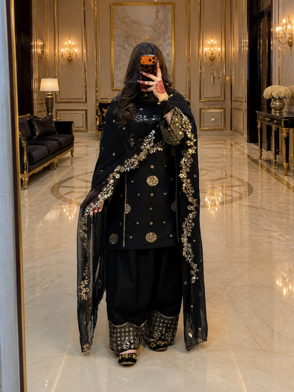 Designer Black Embroidered Pakistani Suit Set with Heavy Sequence Work & Dupatta