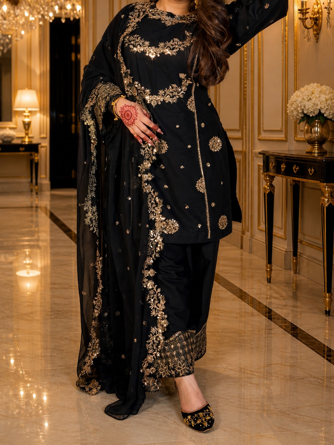Designer Black Embroidered Pakistani Suit Set with Heavy Sequence Work & Dupatta