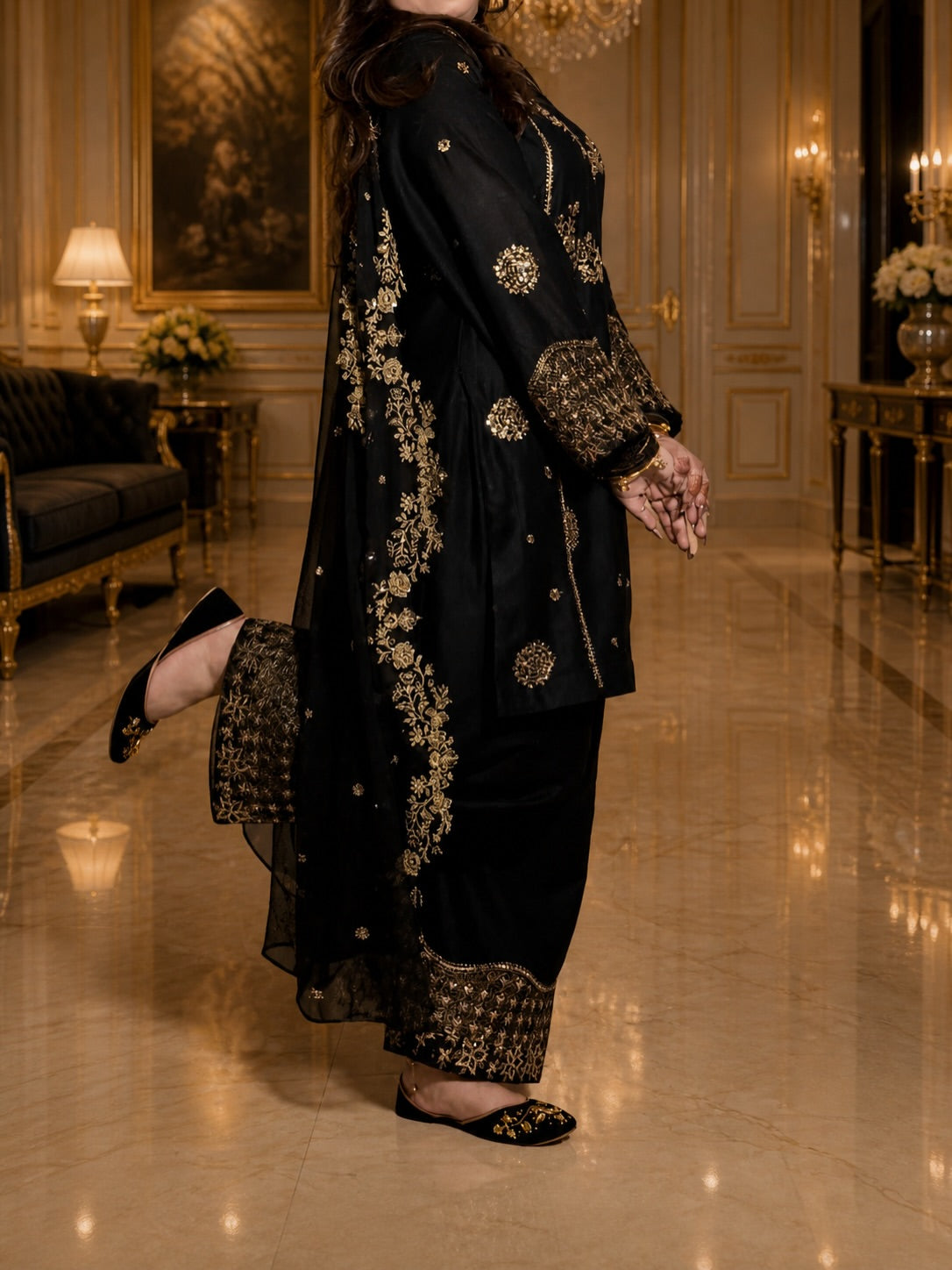 Designer Black Embroidered Pakistani Suit Set with Heavy Sequence Work & Dupatta