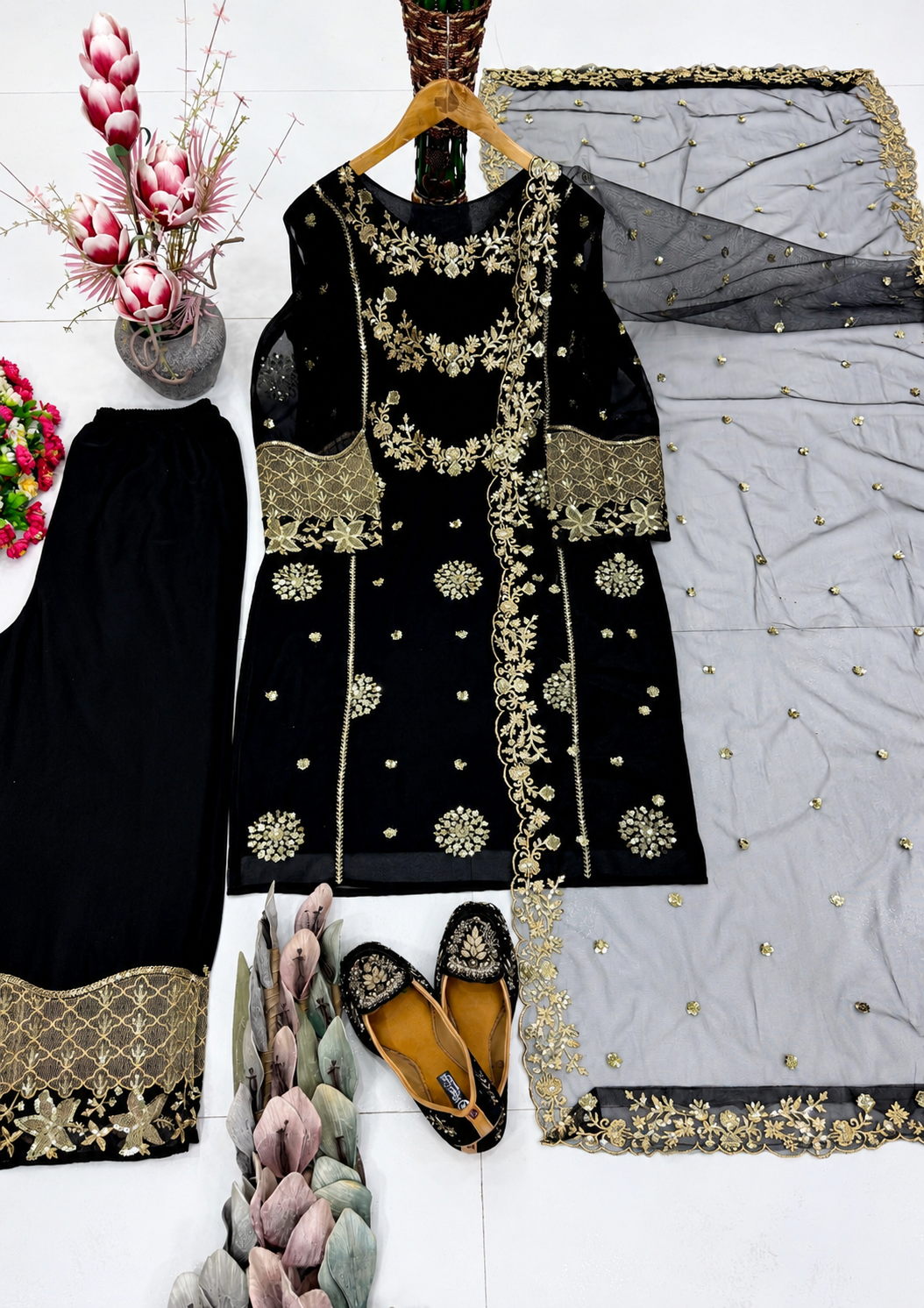 Designer Black Embroidered Pakistani Suit Set with Heavy Sequence Work & Dupatta
