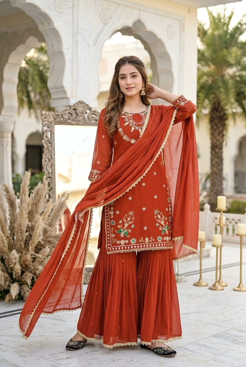 Embroidered Kurta Sharara Set with Dupatta | Women’s 3 Piece Ethnic Wear Set