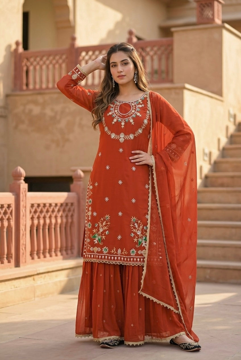 Embroidered Kurta Sharara Set with Dupatta | Women’s 3 Piece Ethnic Wear Set