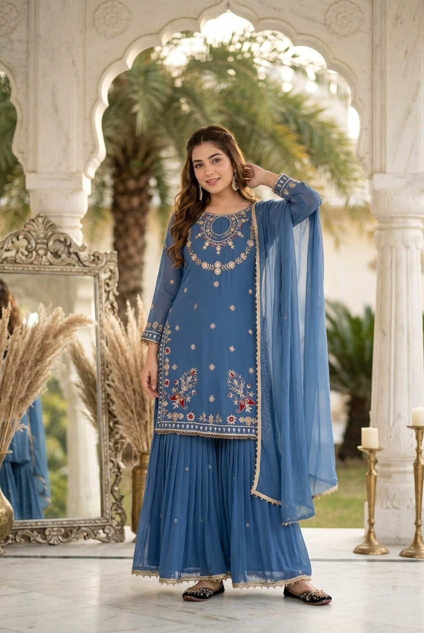Embroidered Kurta Sharara Set with Dupatta | Women’s 3 Piece Ethnic Wear Set