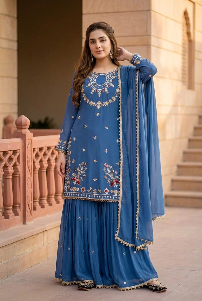 Embroidered Kurta Sharara Set with Dupatta | Women’s 3 Piece Ethnic Wear Set