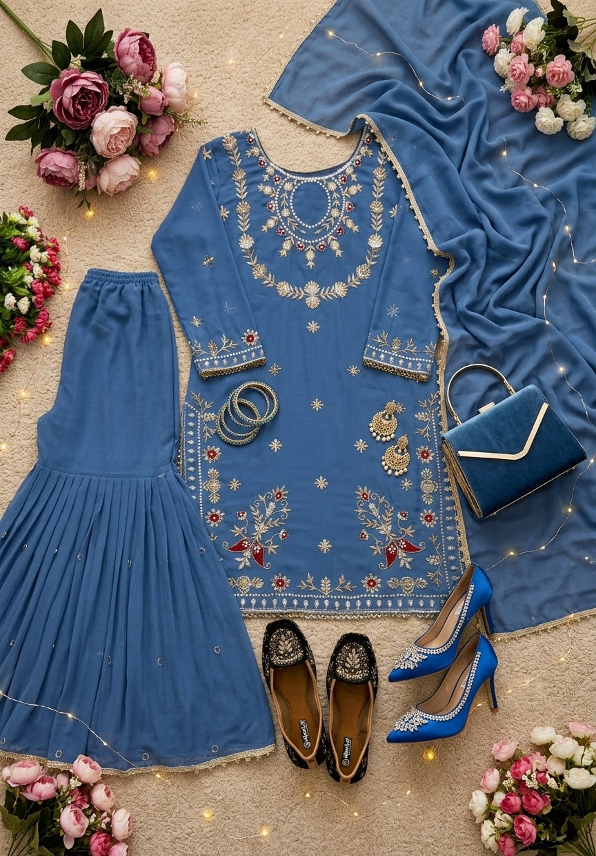 Embroidered Kurta Sharara Set with Dupatta | Women’s 3 Piece Ethnic Wear Set