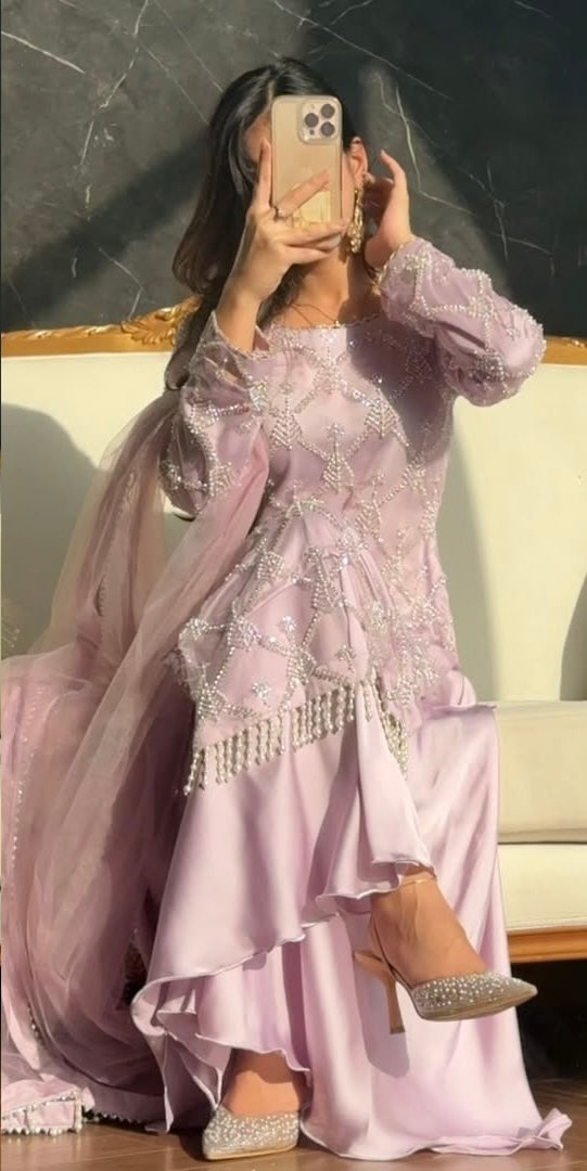 Blush Pink Hand Embellished Pakistani Salwar Suit with Net Dupatta