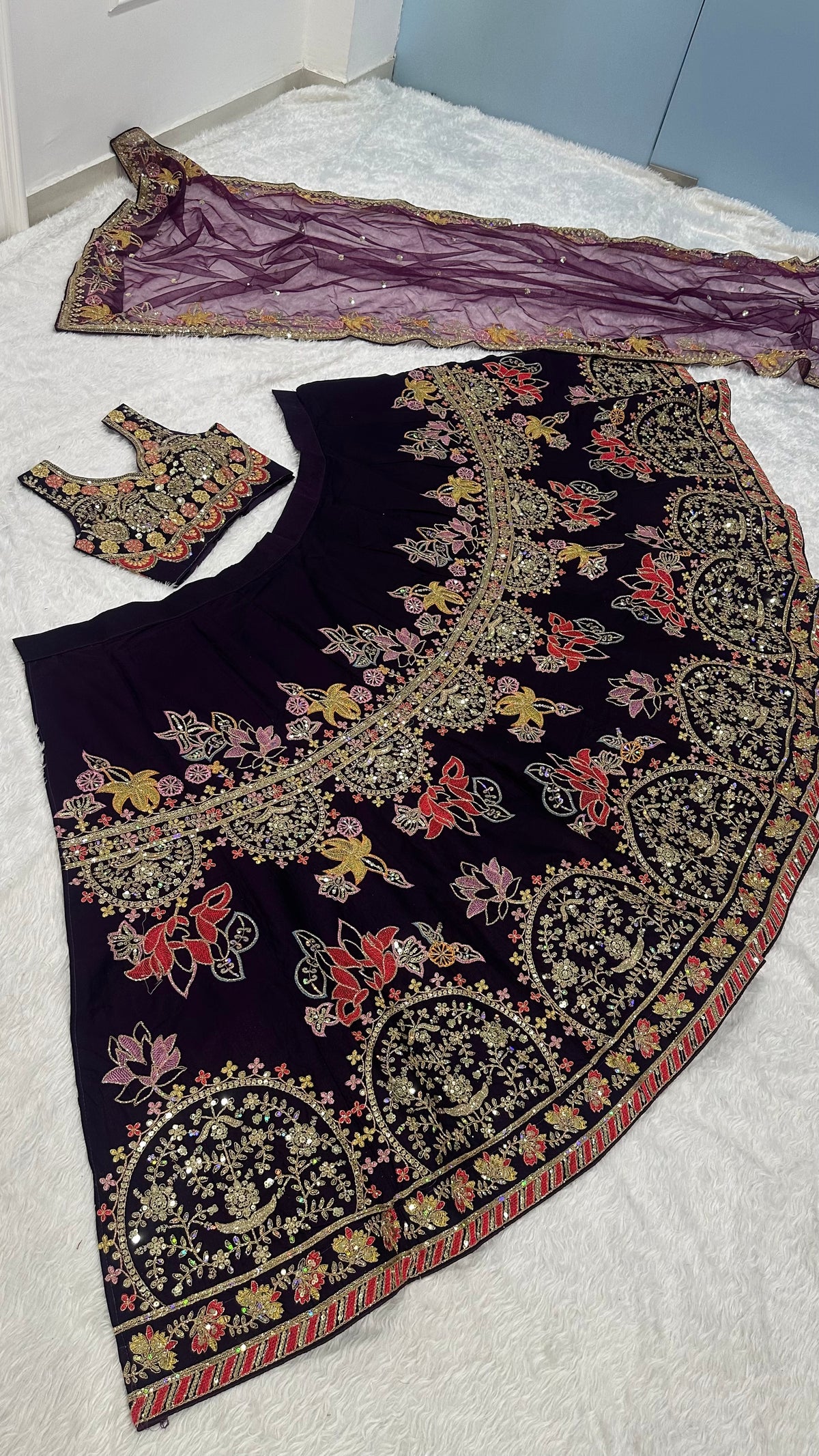 Royal Purple Embroidered Bridal Lehenga Set with Designer Blouse & Dupatta