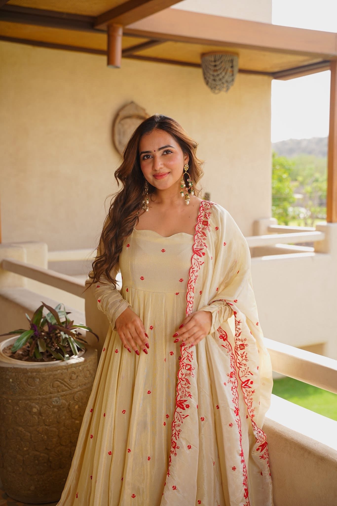 Cream Red Embroidered Anarkali Suit Set with Dupatta