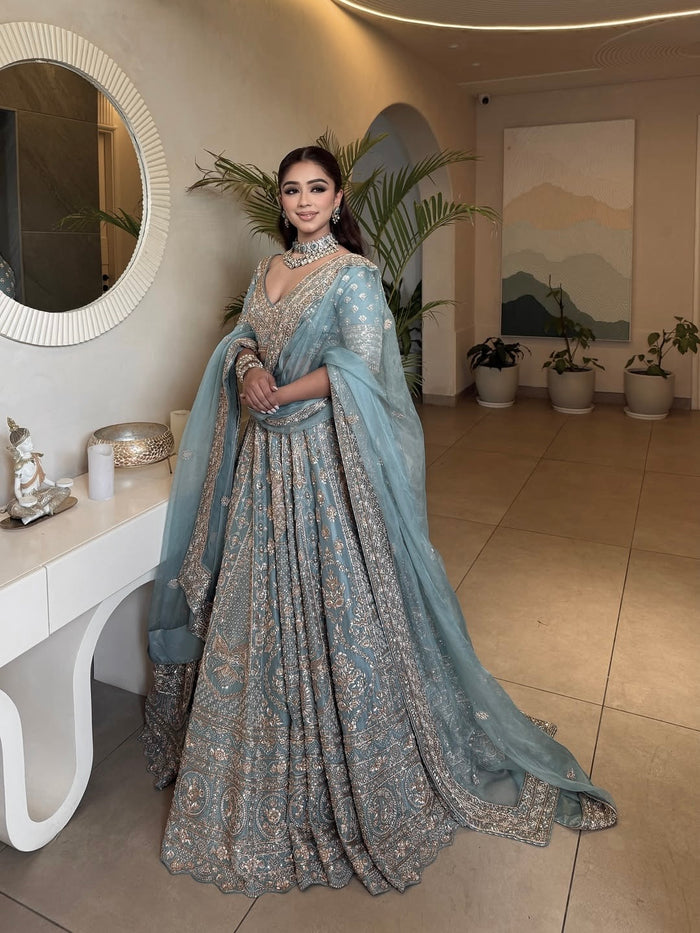 Pastel Blue Embroidered Designer Lehenga Choli with Dupatta – Heavy Silver Work