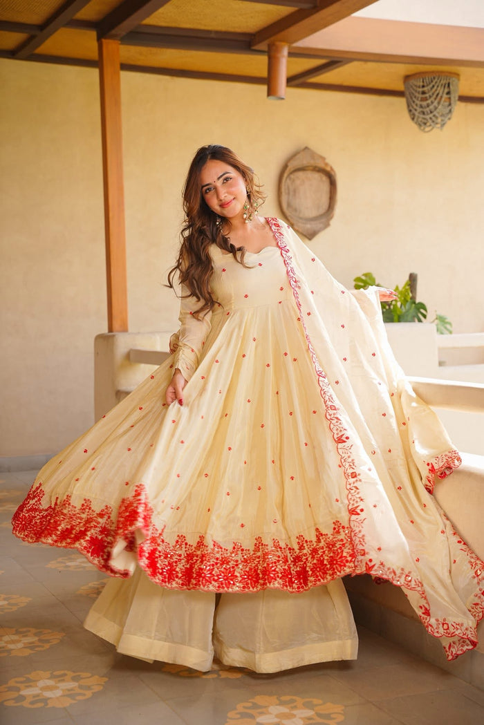 Cream Red Embroidered Anarkali Suit Set with Dupatta