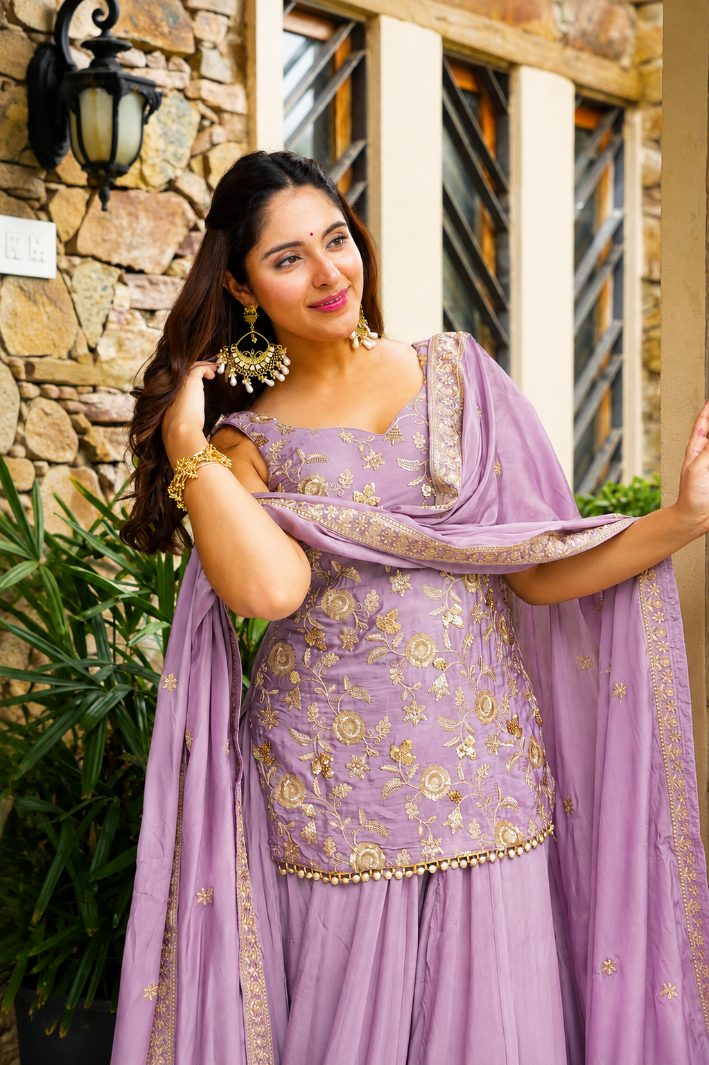 Lavender Embroidered Peplum Sharara Set with Dupatta