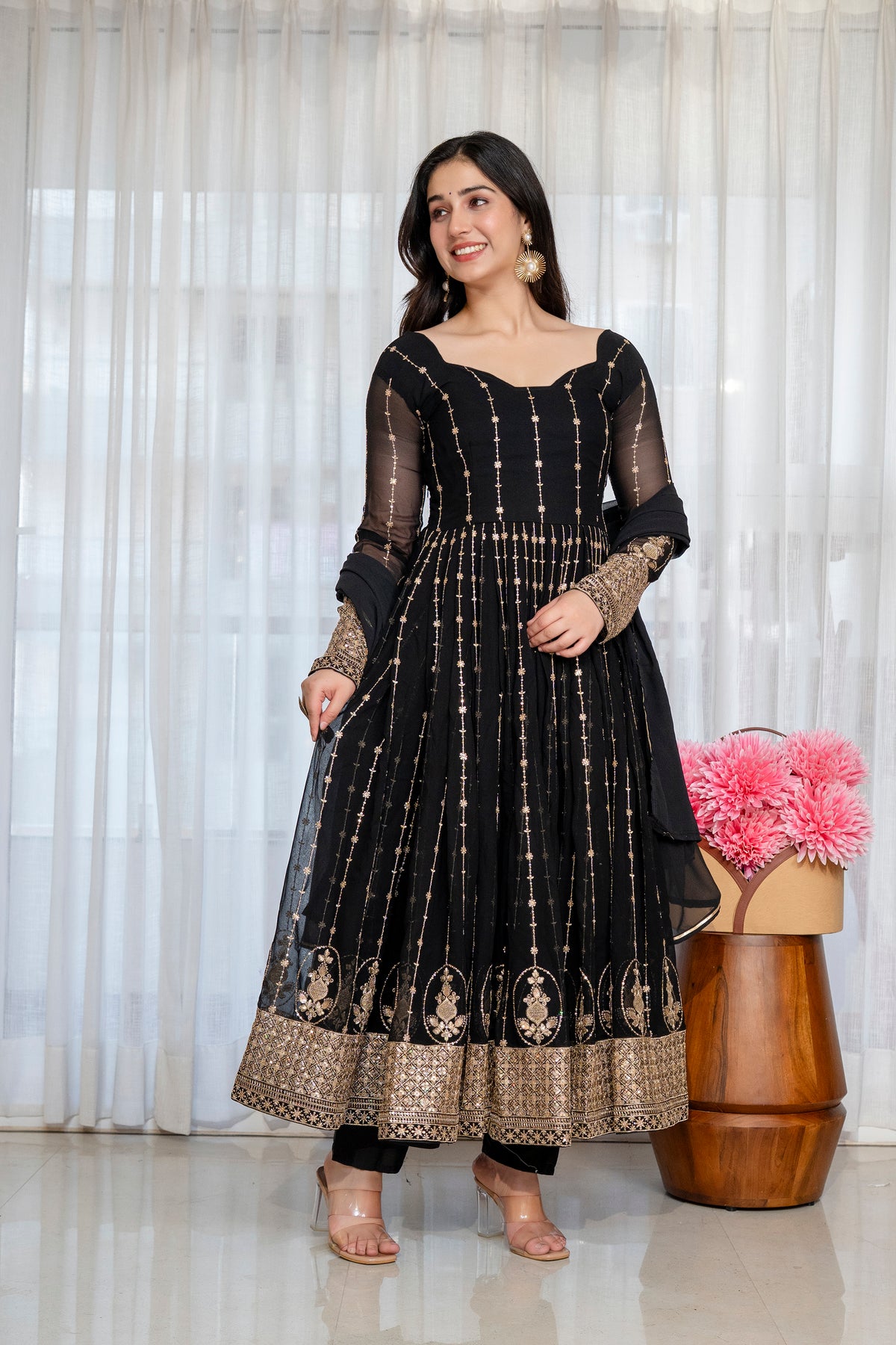 Black & Gold Embroidered Anarkali Gown – Full Flare Ethnic Dress
