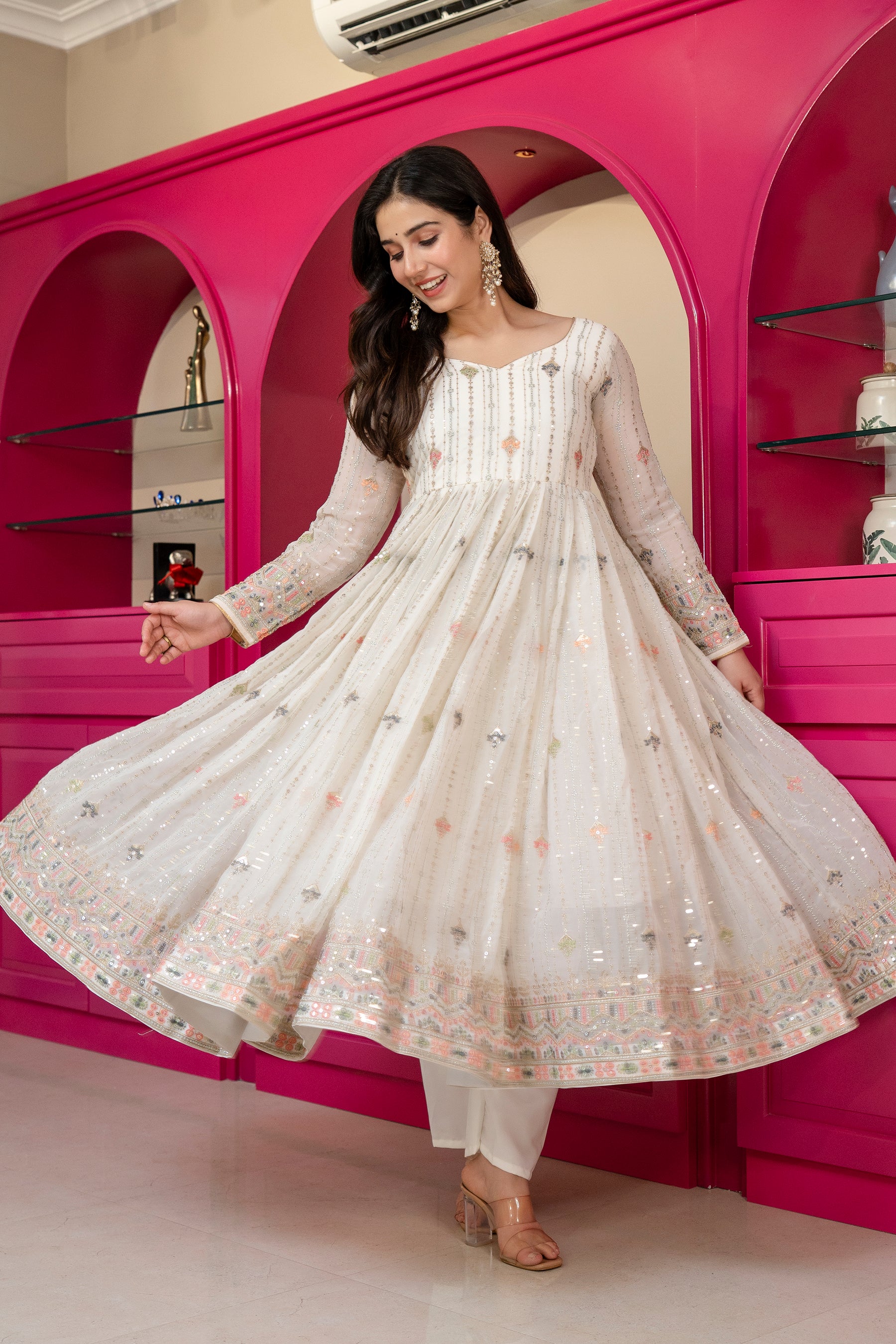 Elegant Ivory Embroidered Anarkali Suit Set with Dupatta
