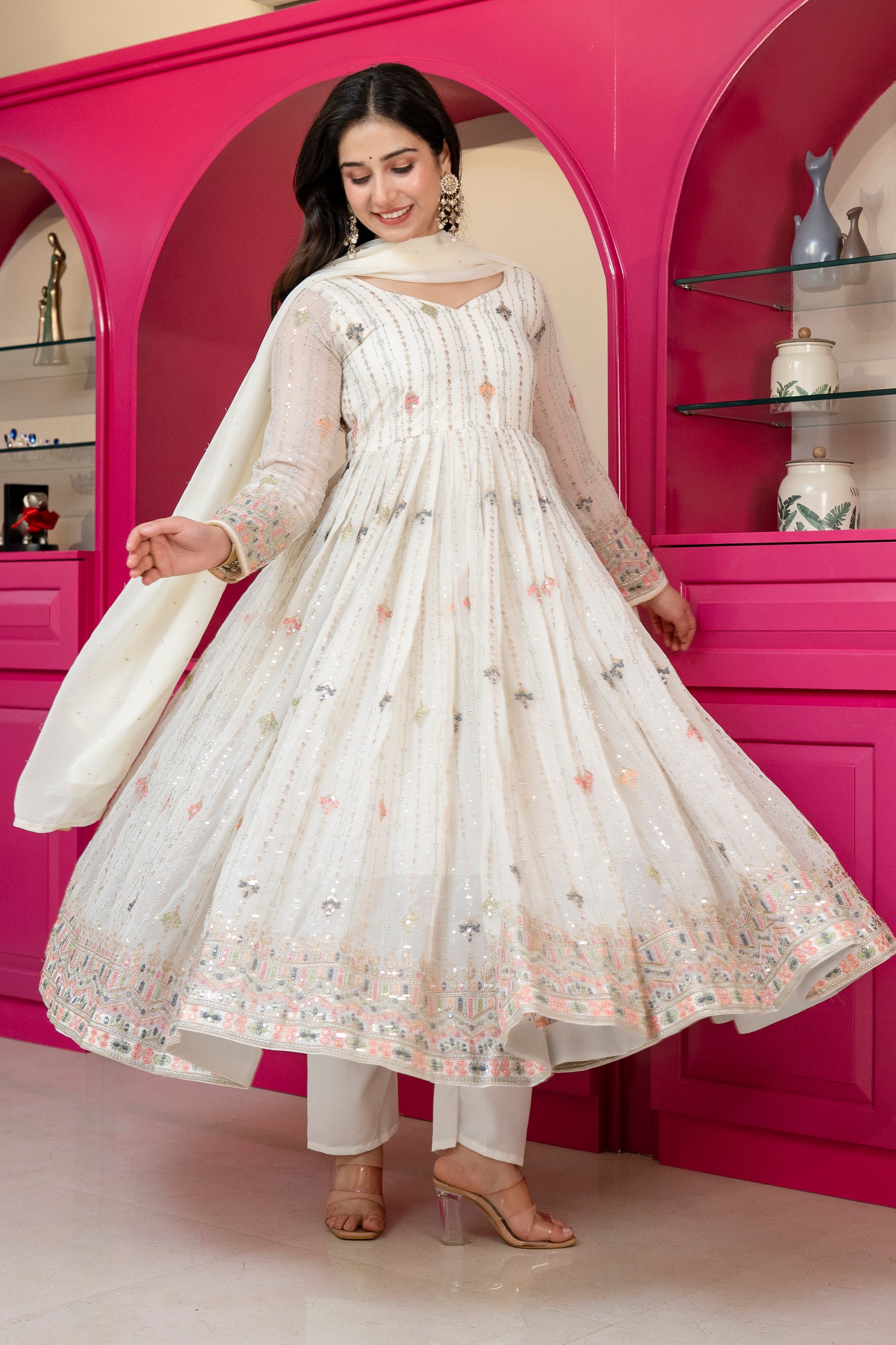 Elegant Ivory Embroidered Anarkali Suit Set with Dupatta