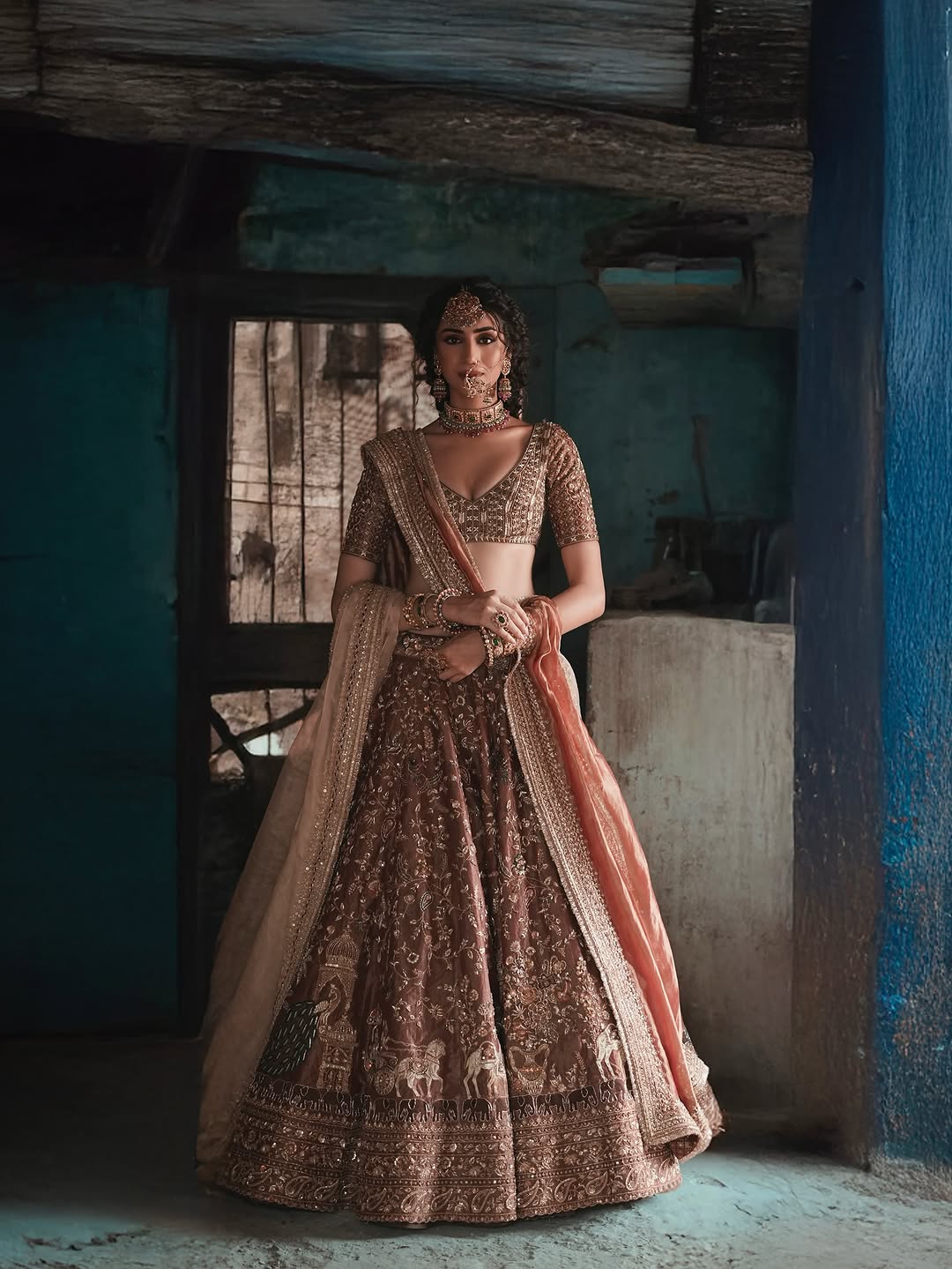 Women’s Designer Embroidered Bridal Lehenga Choli Set with Dupatta – Dusty Rose & Maroon
