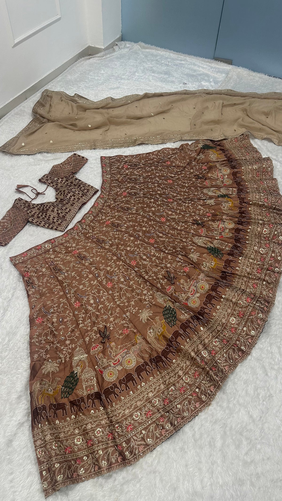 Women’s Designer Embroidered Bridal Lehenga Choli Set with Dupatta – Dusty Rose & Maroon