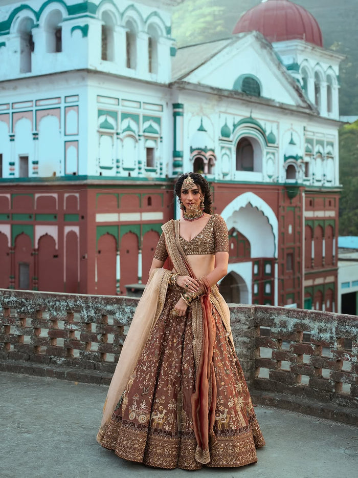 Women’s Designer Embroidered Bridal Lehenga Choli Set with Dupatta – Dusty Rose & Maroon