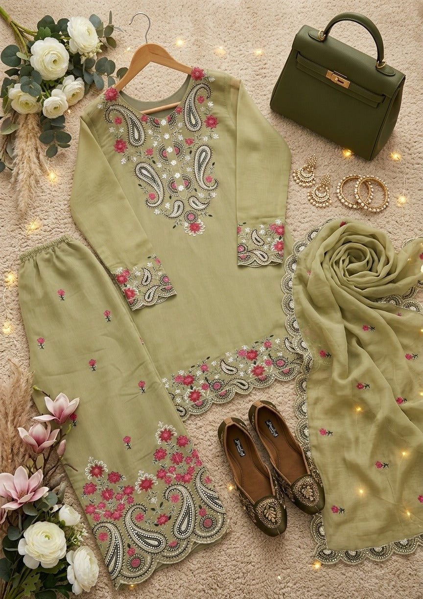 Elegant Embroidered 3 Piece Pakistani Suit Set | Kurti Pant & Dupatta
