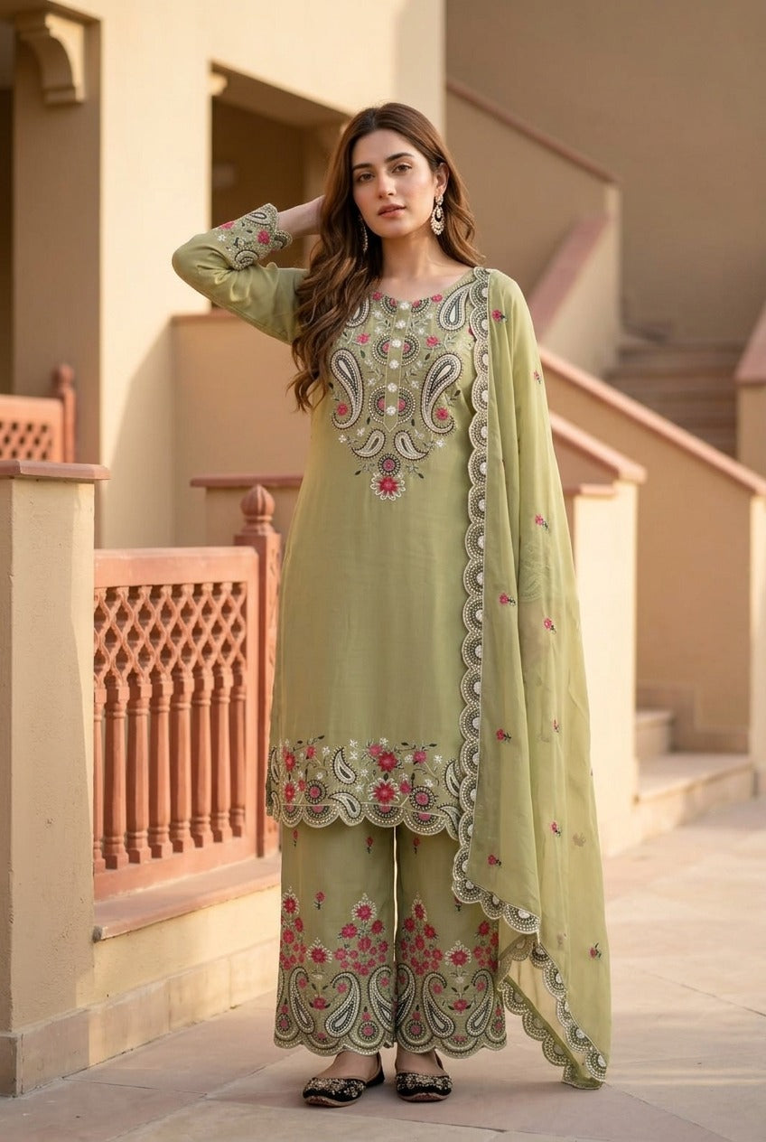 Elegant Embroidered 3 Piece Pakistani Suit Set | Kurti Pant & Dupatta