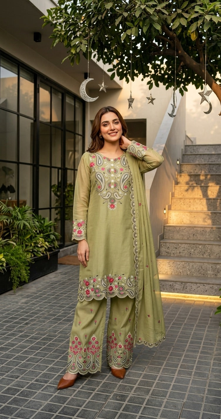 Elegant Embroidered 3 Piece Pakistani Suit Set | Kurti Pant & Dupatta