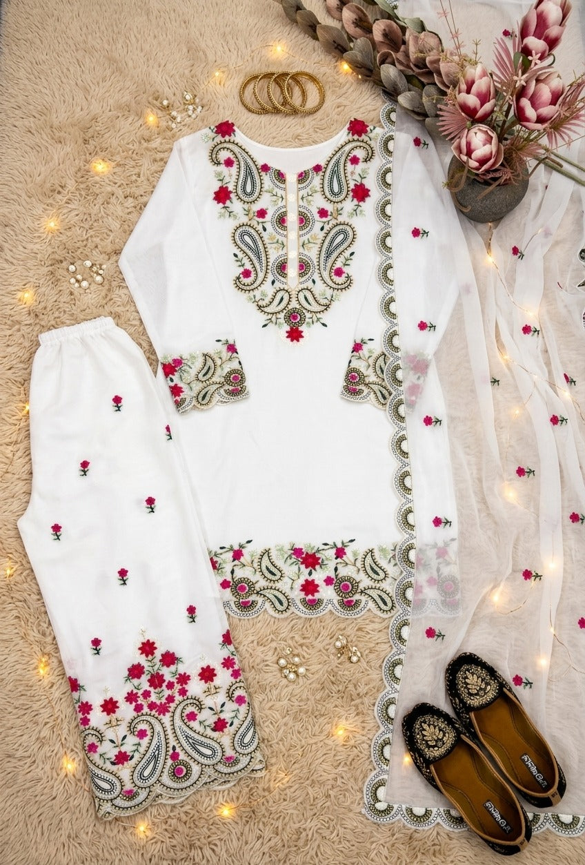 Elegant Embroidered 3 Piece Pakistani Suit Set | Kurti Pant & Dupatta