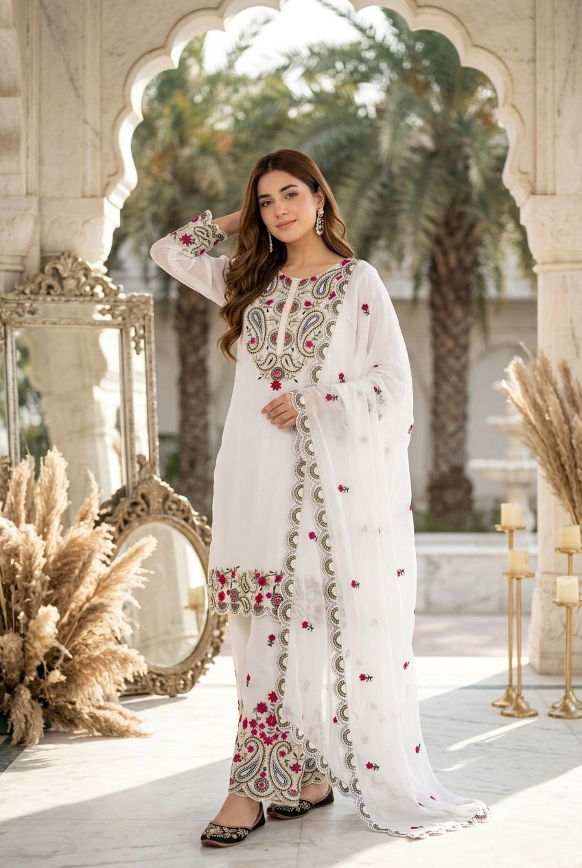 Elegant Embroidered 3 Piece Pakistani Suit Set | Kurti Pant & Dupatta