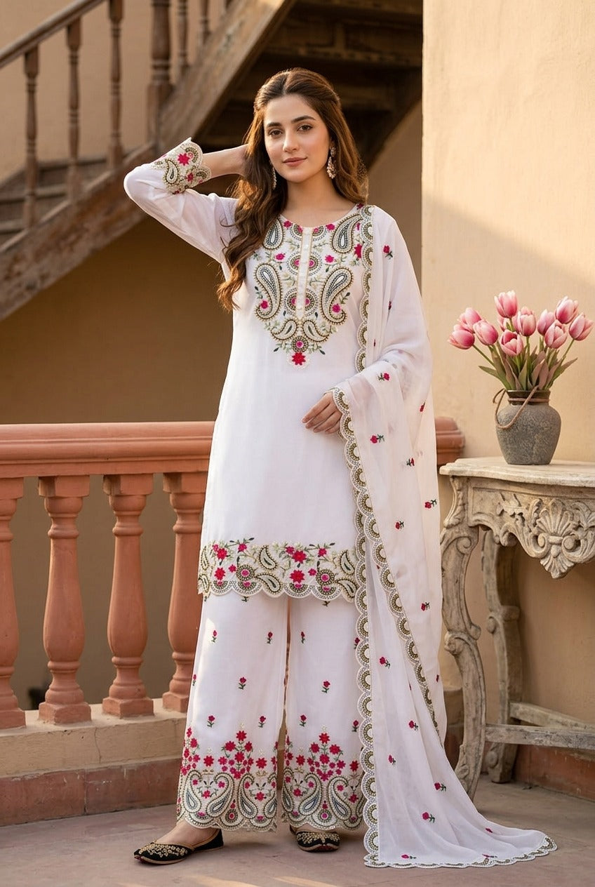 Elegant Embroidered 3 Piece Pakistani Suit Set | Kurti Pant & Dupatta