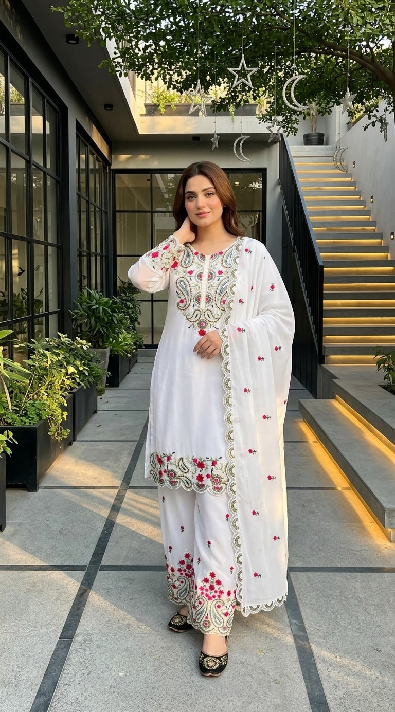 Elegant Embroidered 3 Piece Pakistani Suit Set | Kurti Pant & Dupatta