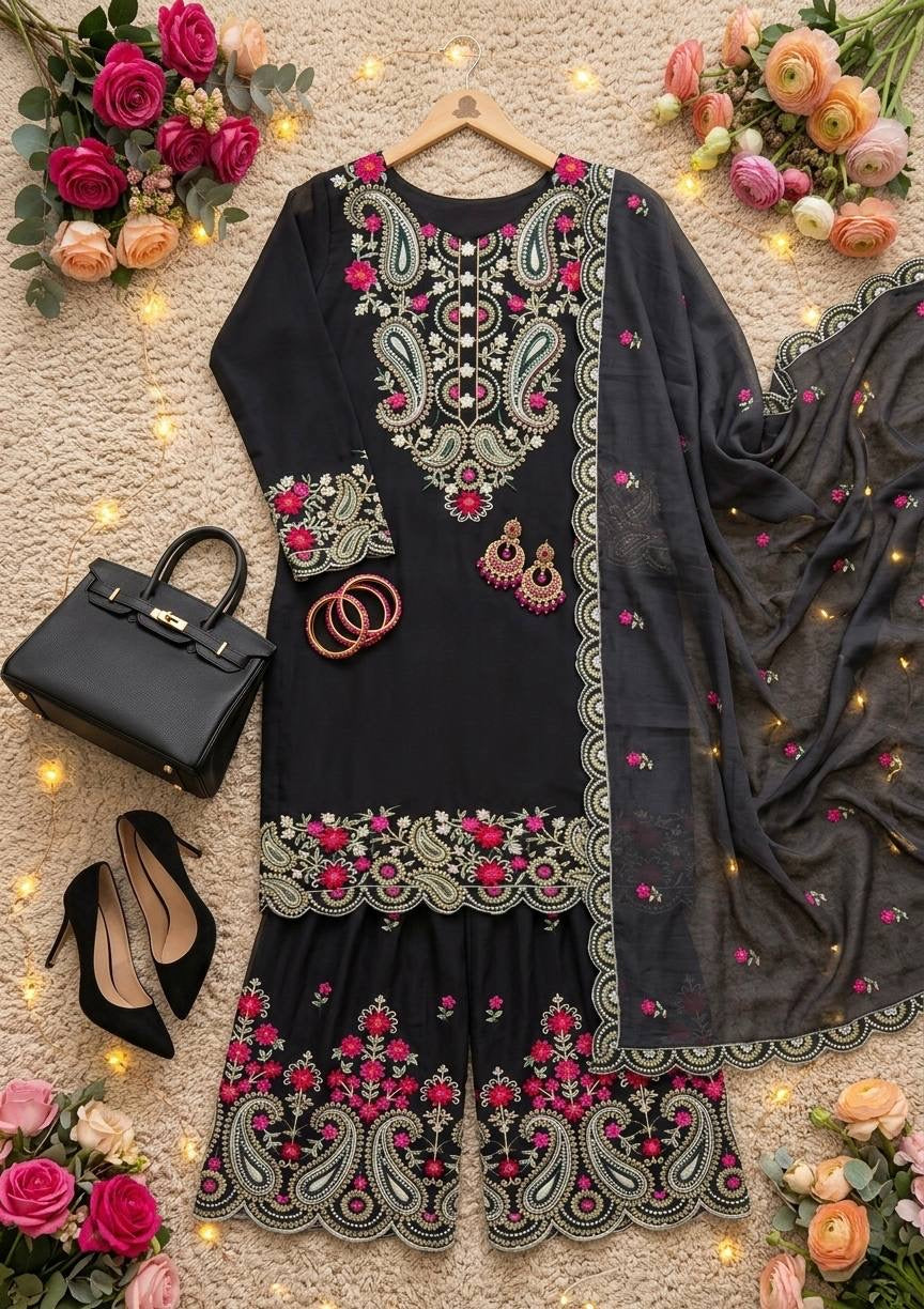 Elegant Embroidered 3 Piece Pakistani Suit Set | Kurti Pant & Dupatta