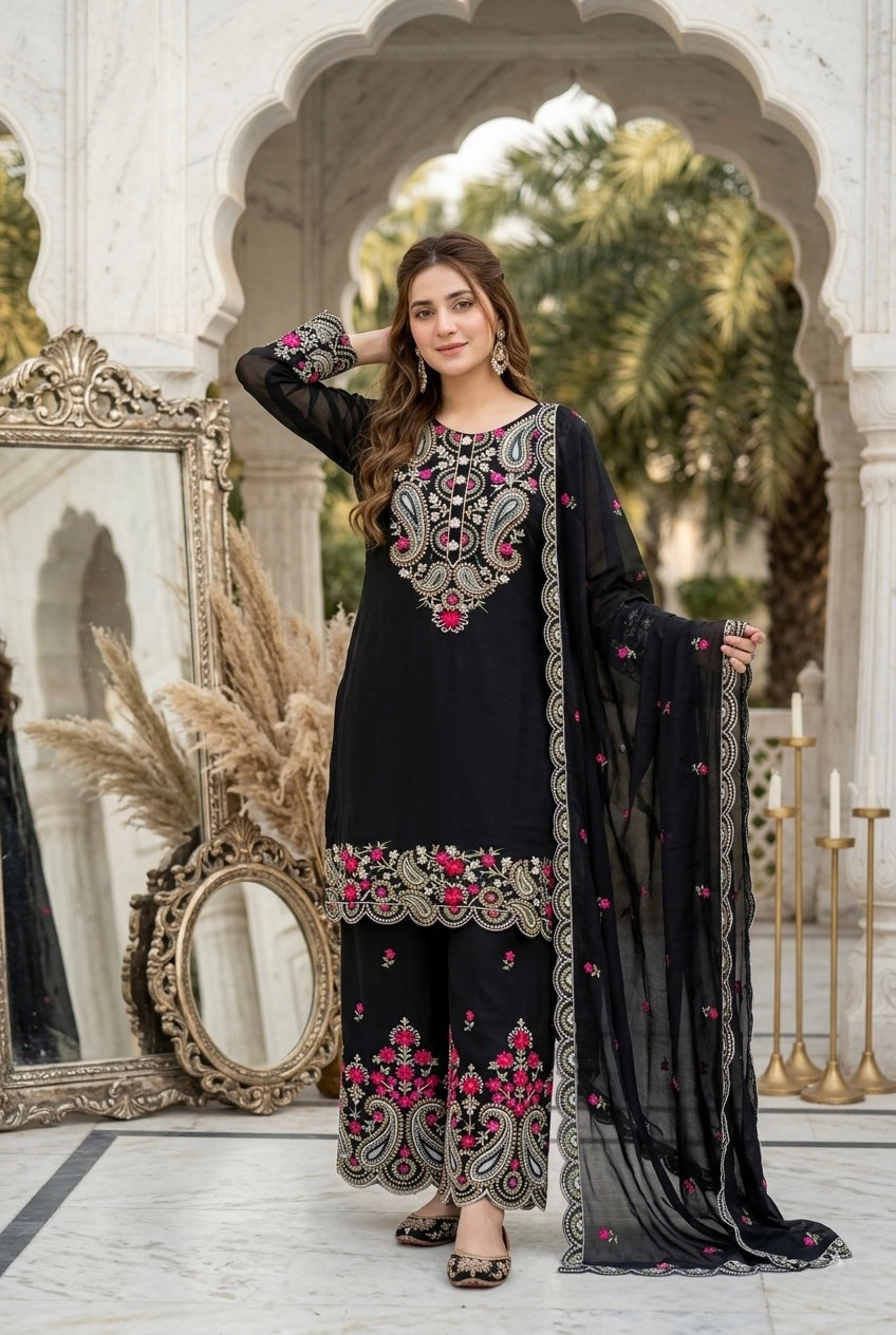 Elegant Embroidered 3 Piece Pakistani Suit Set | Kurti Pant & Dupatta