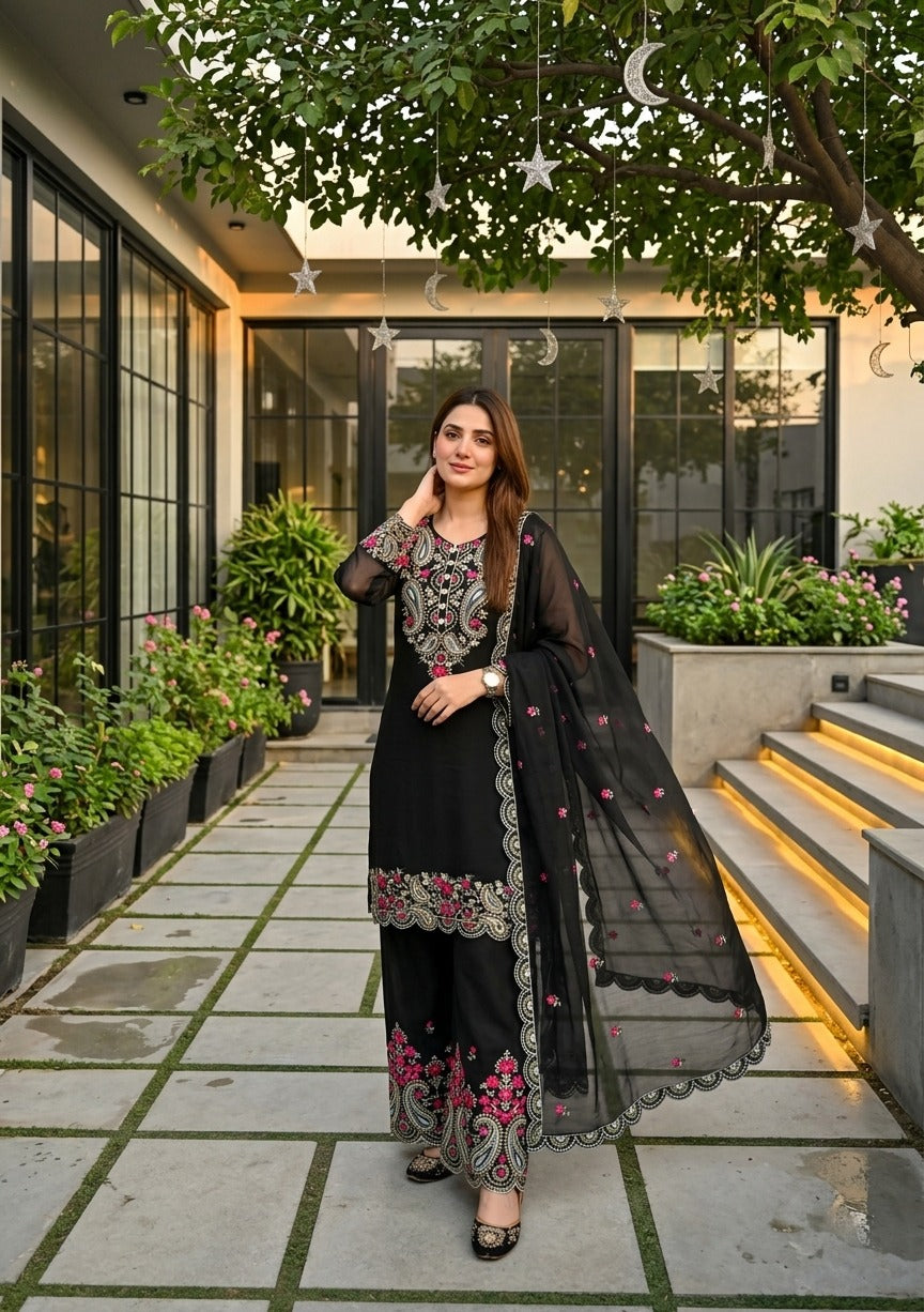 Elegant Embroidered 3 Piece Pakistani Suit Set | Kurti Pant & Dupatta