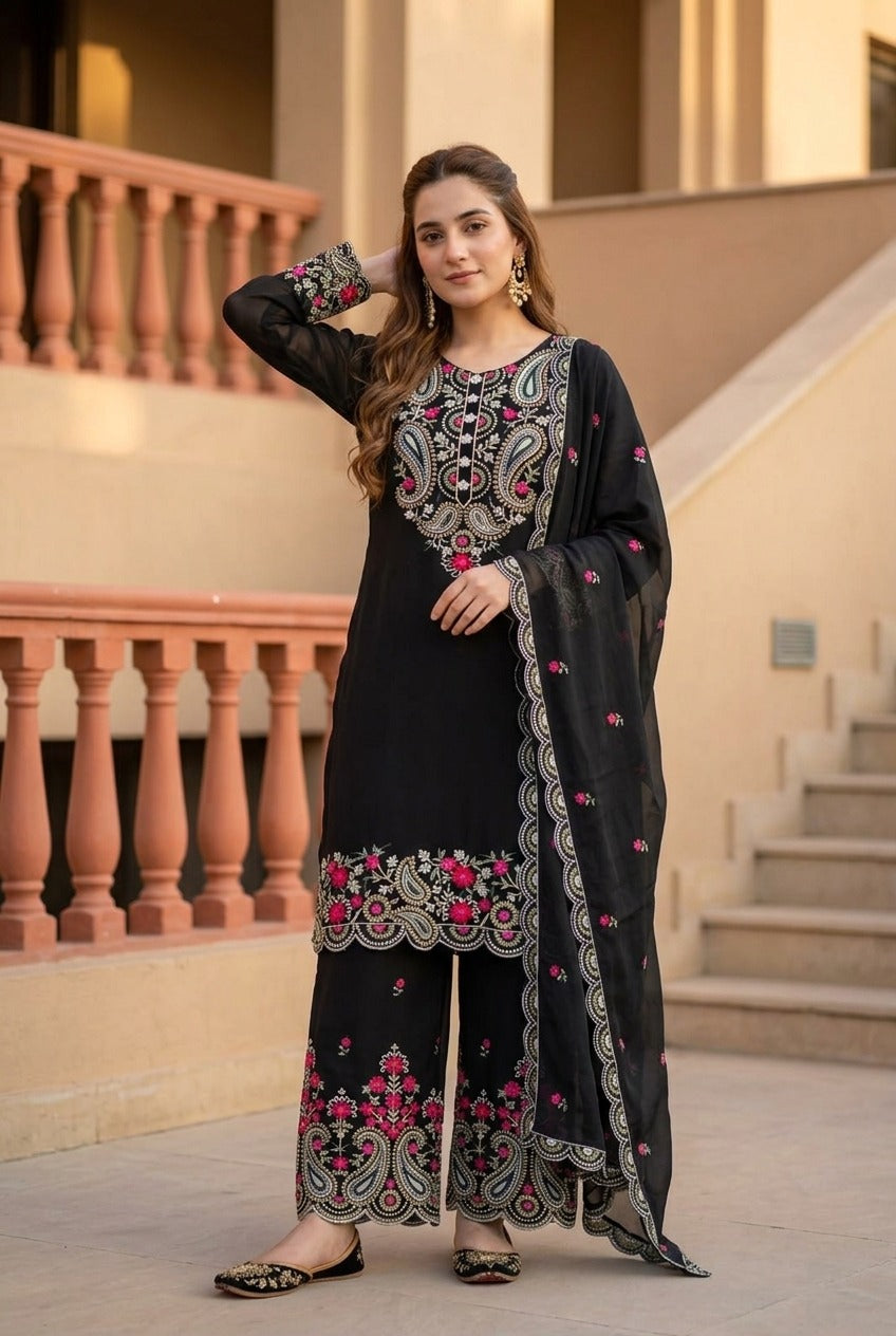 Elegant Embroidered 3 Piece Pakistani Suit Set | Kurti Pant & Dupatta