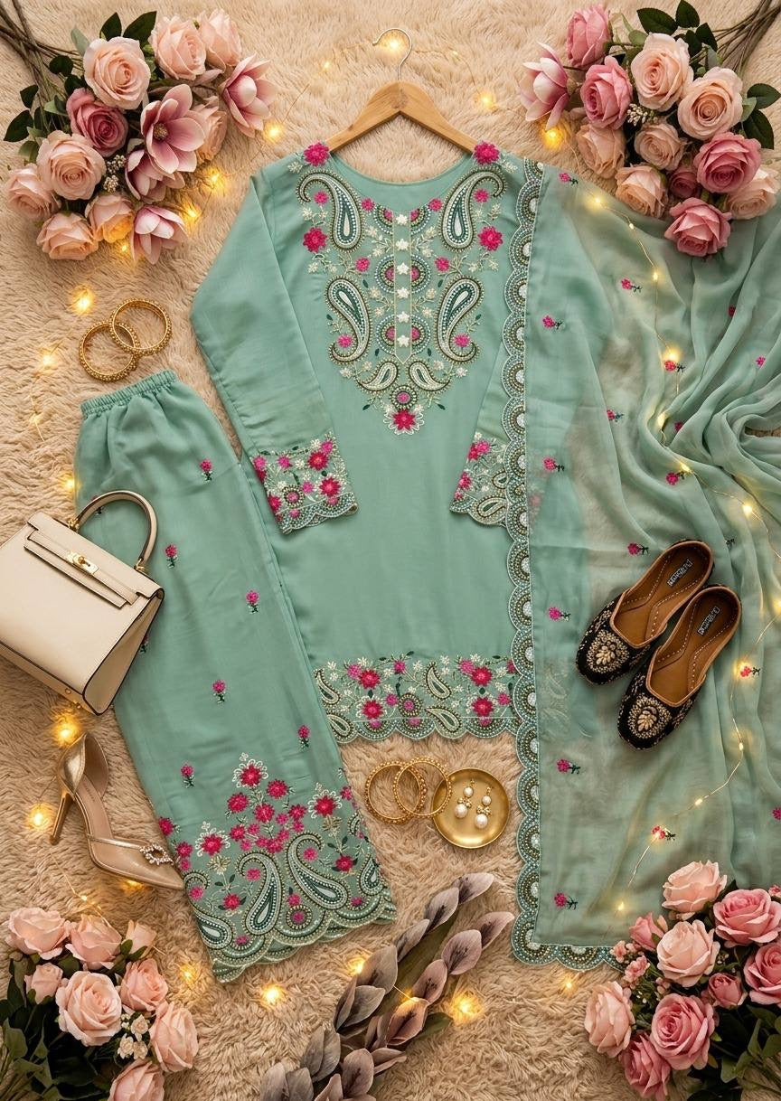 Elegant Embroidered 3 Piece Pakistani Suit Set | Kurti Pant & Dupatta