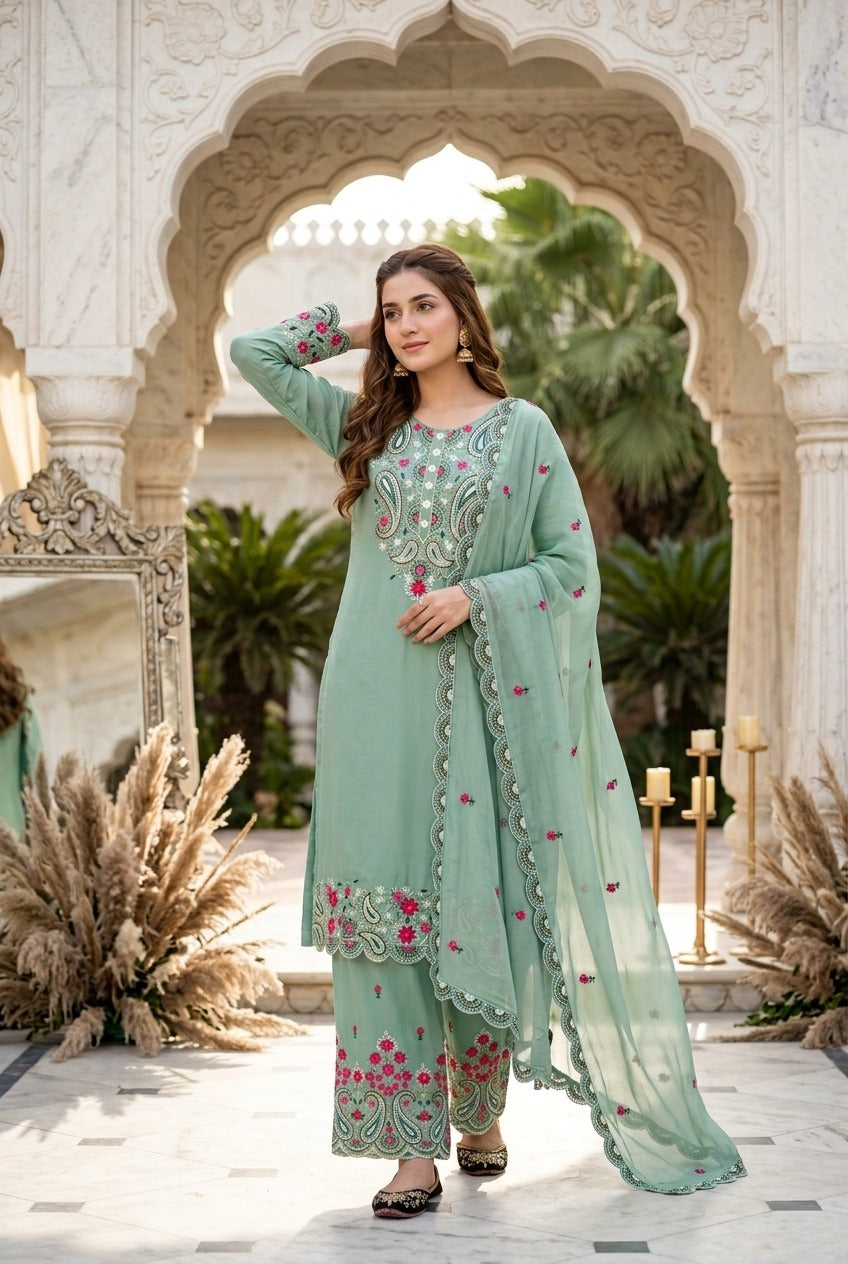 Elegant Embroidered 3 Piece Pakistani Suit Set | Kurti Pant & Dupatta