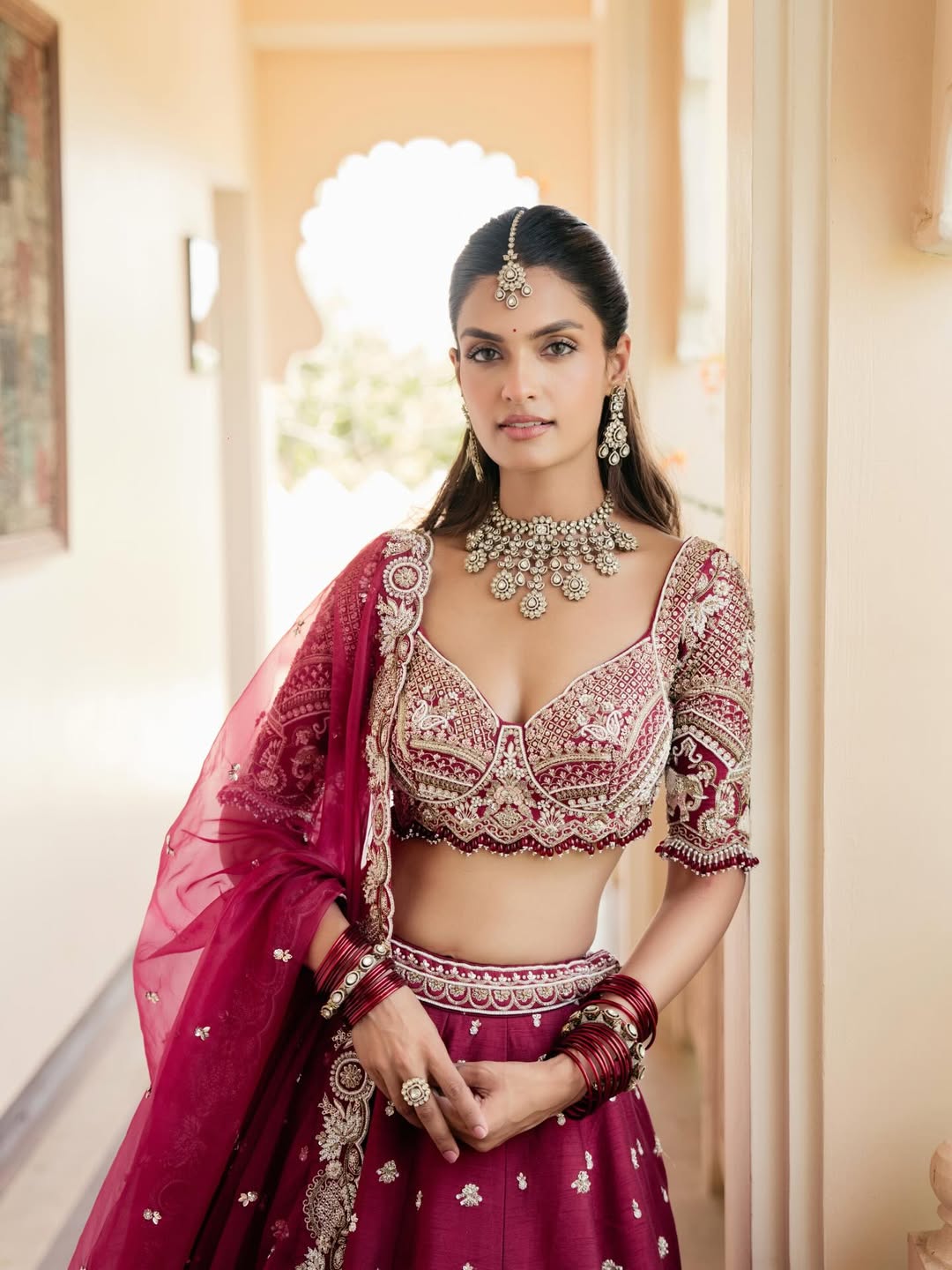 Wine Maroon Embroidered Designer Lehenga Choli with Dupatta – Traditional Wedding Wear