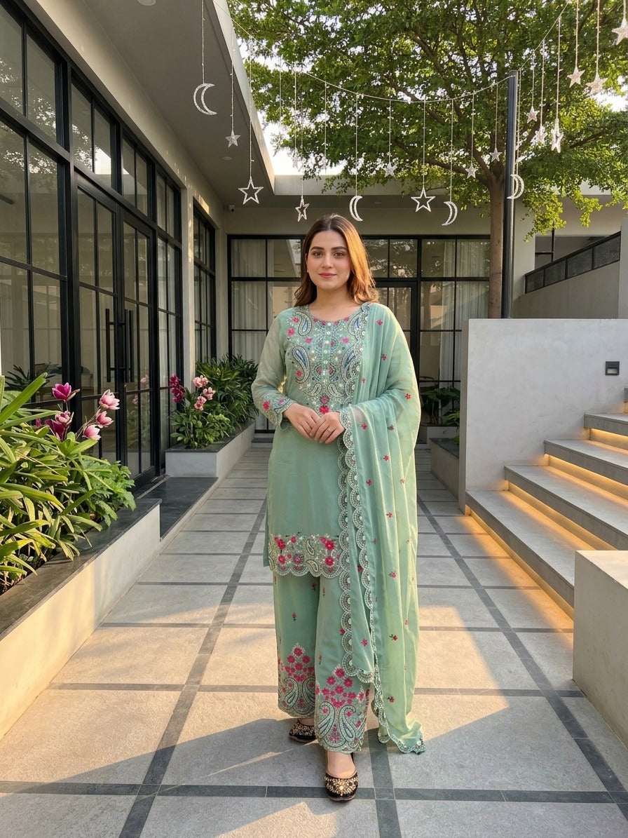 Elegant Embroidered 3 Piece Pakistani Suit Set | Kurti Pant & Dupatta